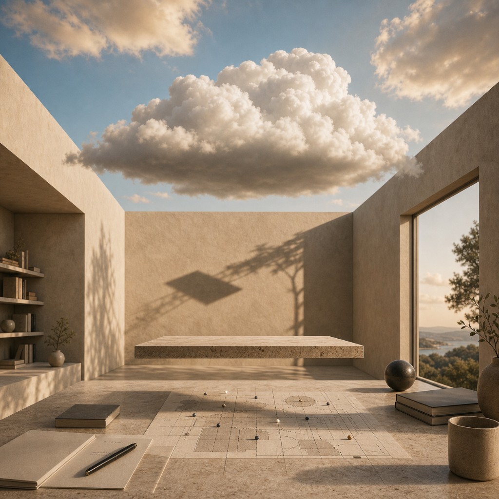 A contemplative architectural space with a cloud floating above a stone desk